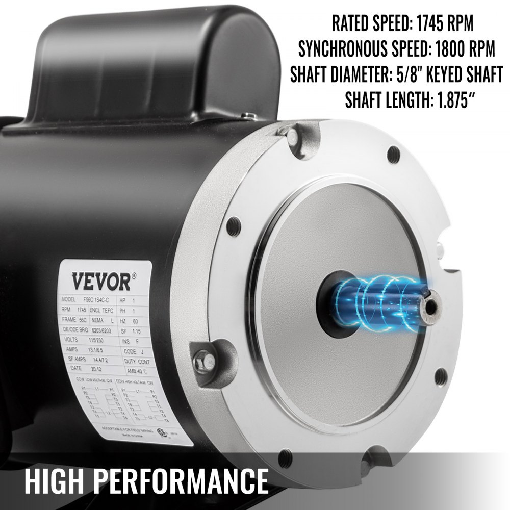 Motor eléctrico VEVOR de alto rendimiento con eje con chaveta de 5/8&quot; y velocidad nominal de 1745 rpm