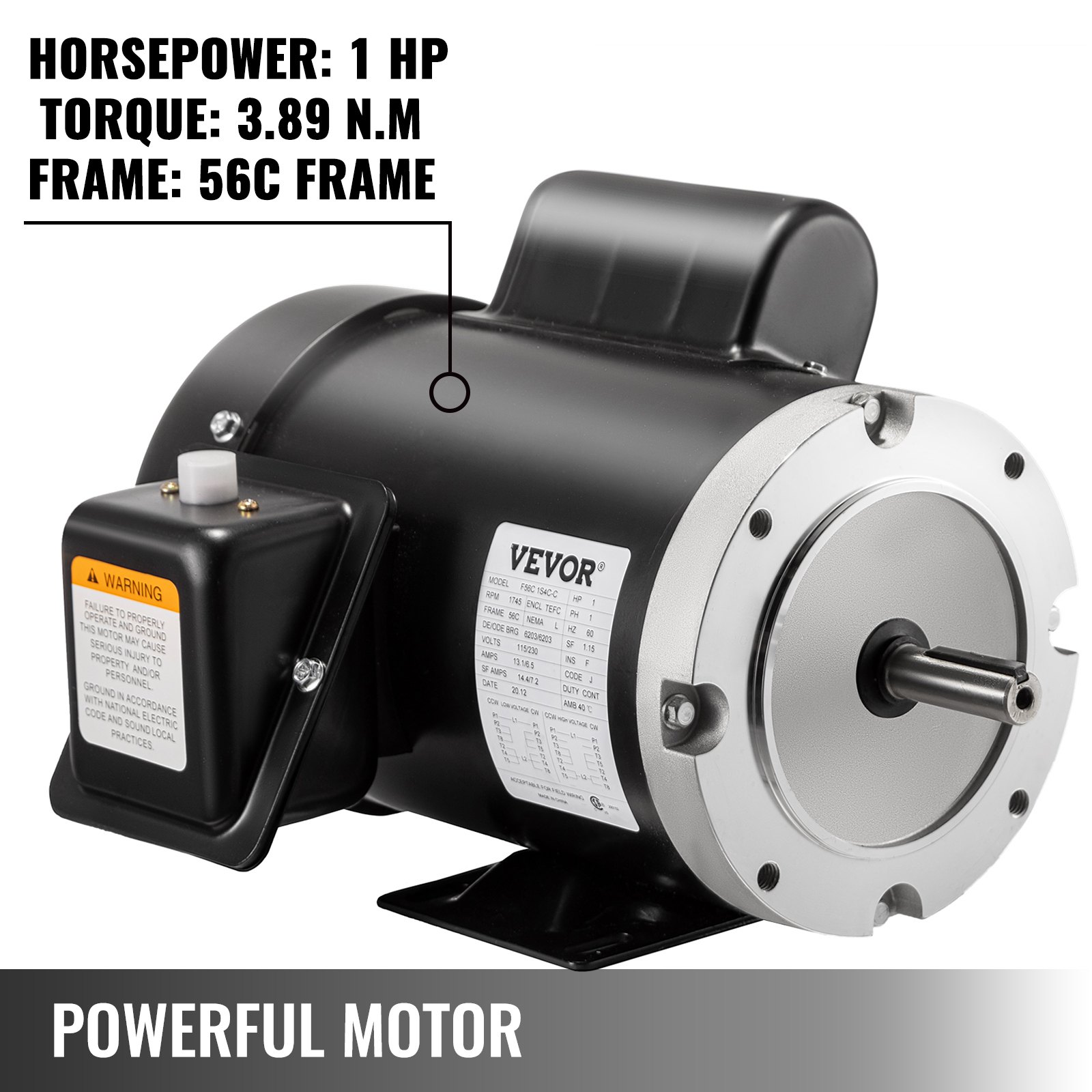 Motor eléctrico VEVOR, 1 hp, cuadro 56c, torque 3,89 nm, diseño negro y plateado.