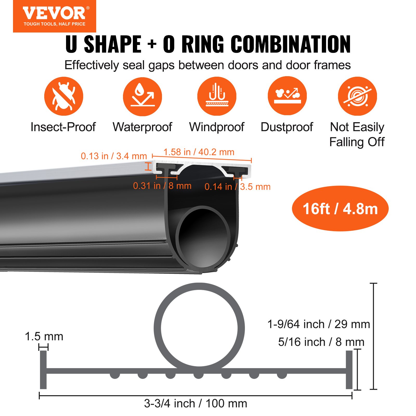 VEVOR Juntas para puerta de garaje de goma inferior, forma de U + junta tórica combinada para puerta de garaje, burlete con kit de retenedor de riel de aluminio preperforado, extremos en T de 5/16 pulgadas y ancho de 3 3/4 pulgadas (16 pies, negro)