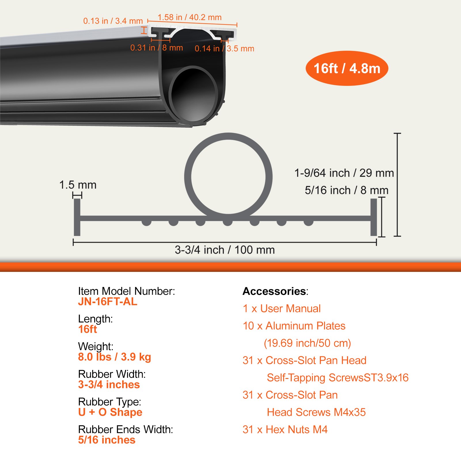VEVOR Juntas para puerta de garaje de goma inferior, forma de U + junta tórica combinada para puerta de garaje, burlete con kit de retenedor de riel de aluminio preperforado, extremos en T de 5/16 pulgadas y ancho de 3 3/4 pulgadas (16 pies, negro)