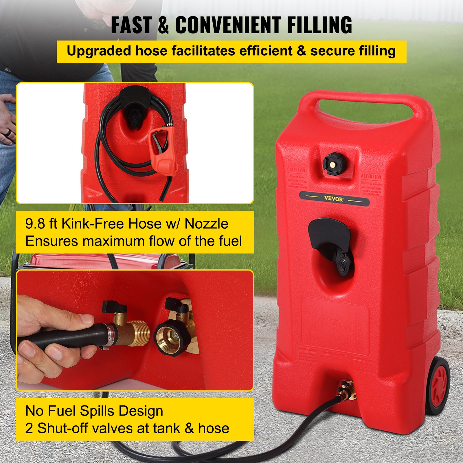VEVOR Fuel Caddy, 25 galones, tanque de almacenamiento de gas sobre ruedas, con bomba de sifón y manguera de 9.8 pies de largo, contenedor de combustible diésel de gasolina para automóviles, cortadoras de césped, vehículos todo terreno, barcos, más, rojo