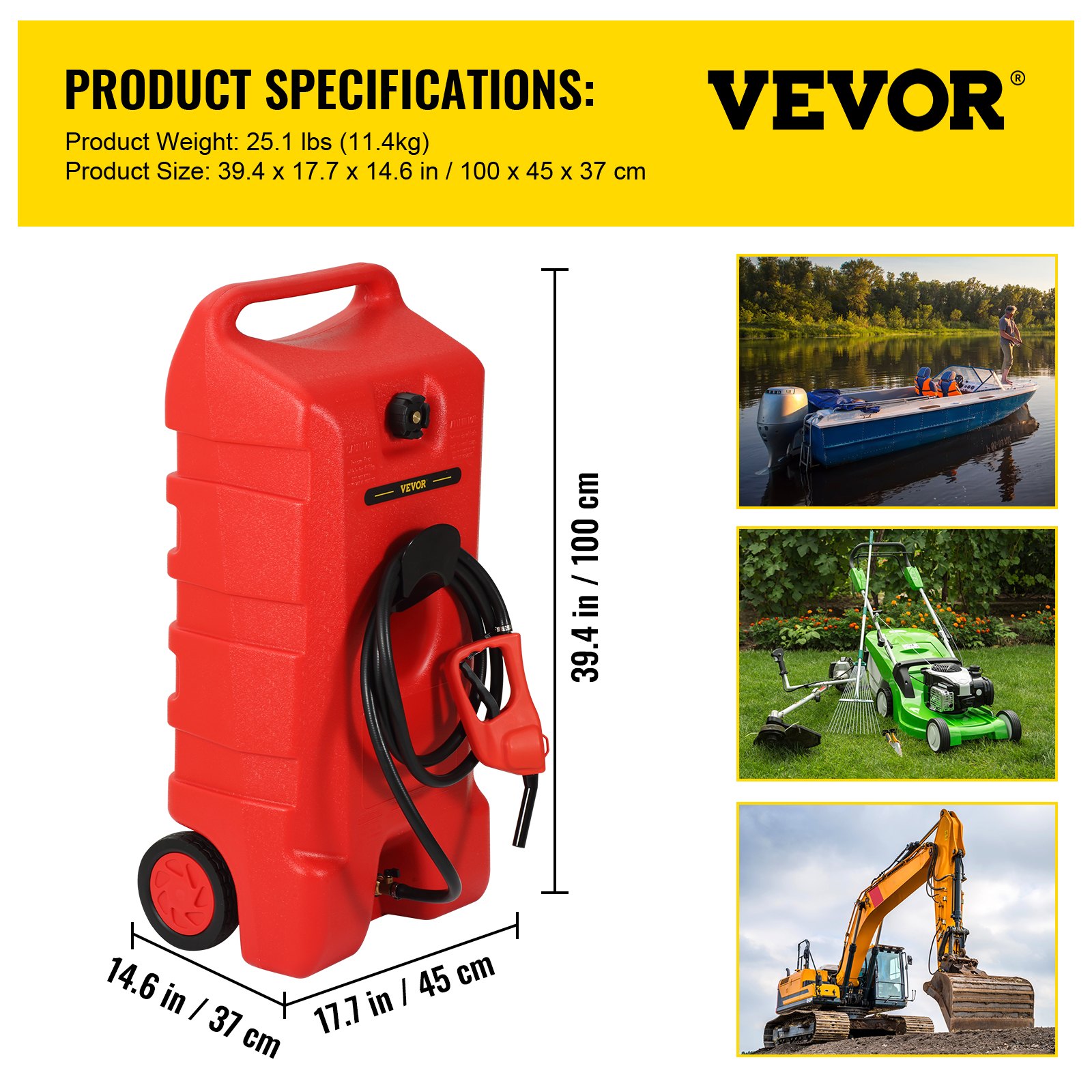 VEVOR Fuel Caddy, 25 galones, tanque de almacenamiento de gas sobre ruedas, con bomba de sifón y manguera de 9.8 pies de largo, contenedor de combustible diésel de gasolina para automóviles, cortadoras de césped, vehículos todo terreno, barcos, más, rojo