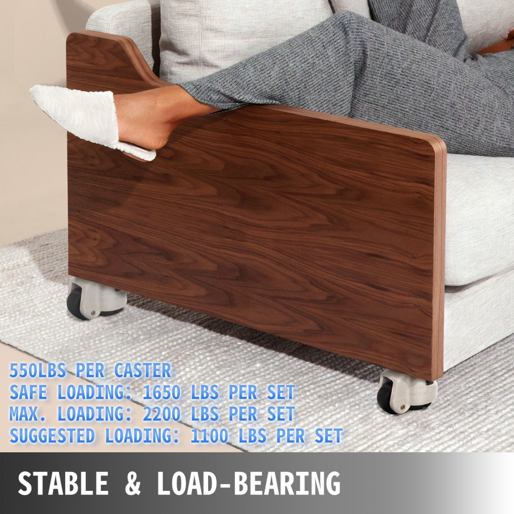 Primer plano de muebles sobre ruedas niveladoras VEVOR, que muestra el texto de capacidad de carga.