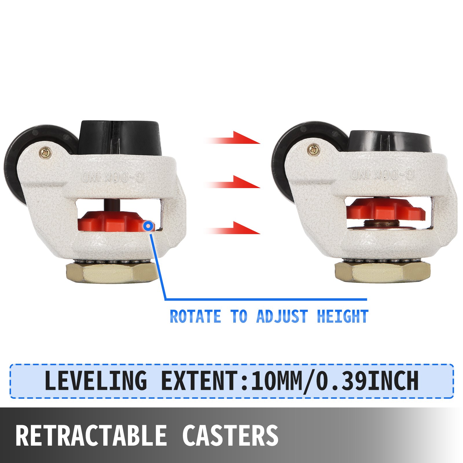 Ruedas niveladoras VEVOR, retráctiles con ajuste de 10 mm, vista de lado a lado.
