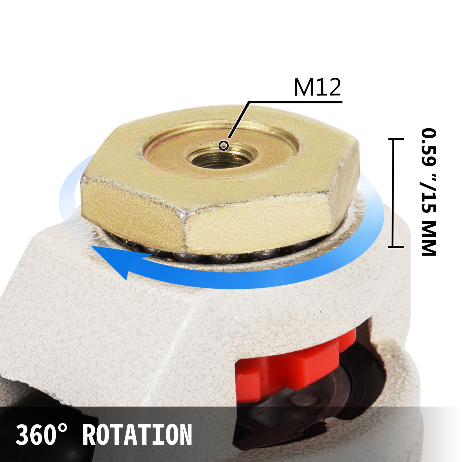 Ruedas niveladoras VEVOR con rosca m12, rotación de 360° y ajuste de altura de 15 mm.