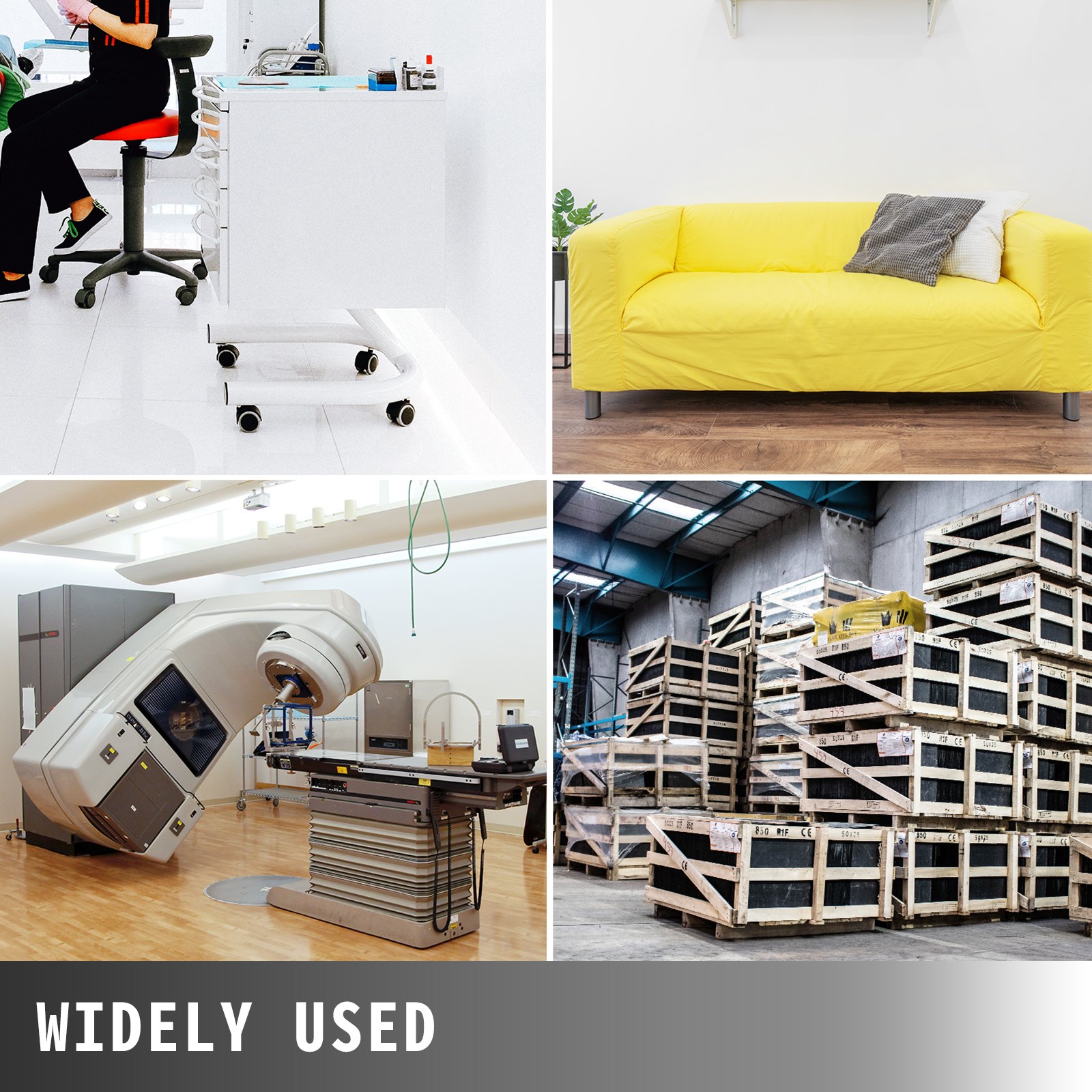 Varias aplicaciones de las ruedas niveladoras VEVOR en entornos médicos, industriales y de muebles.