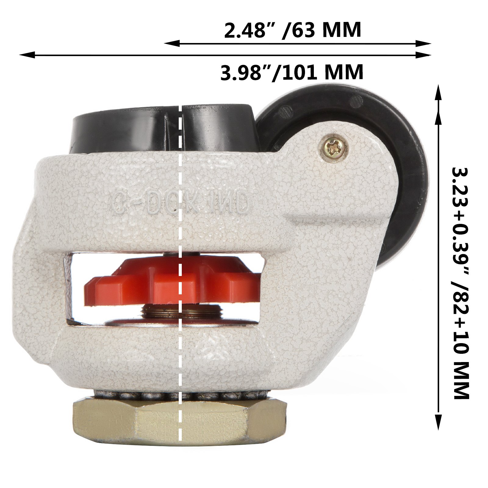 Ruedas niveladoras VEVOR con dimensiones: 2,48&quot;/63 mm de ancho, 3,98&quot;/101 mm de profundidad, 3,23&quot;/82+10 mm de altura.