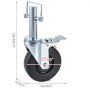 Ruedas para andamio VEVOR, 12cm de diámetro, con mecanismo de bloqueo y dimensiones de tamaño.