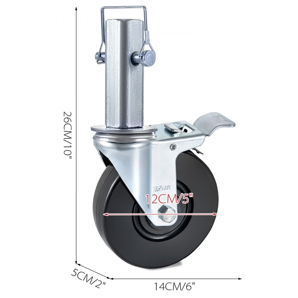 Ruedas para andamios VEVOR con diámetro de 12 cm, dimensiones marcadas.