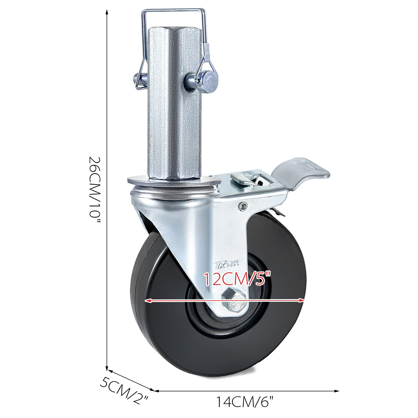 Ruedas para andamios VEVOR con diámetro de 12 cm, dimensiones marcadas.