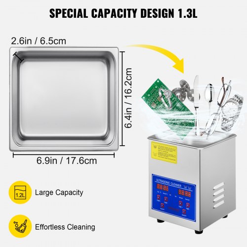 VEVOR Limpiador Ultrasónico 1,3L, 60W Limpiador Ultrasónico Profesional de Acero Inoxidable, Máquina de Limpieza Ultrasónica Potente Frecuencia de 40 kHz con Pantalla LED para Joyas, Reloj, Gafas