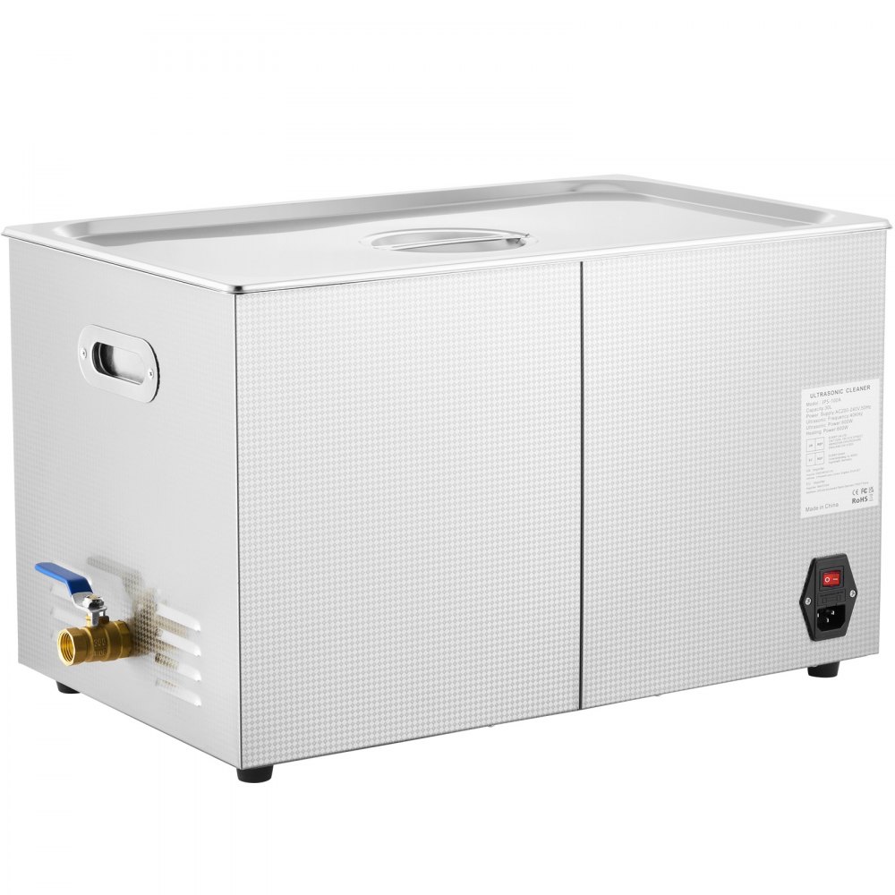 Limpiador ultrasónico VEVOR con válvula lateral, interruptor de encendido, cuerpo plateado y orificios de ventilación.