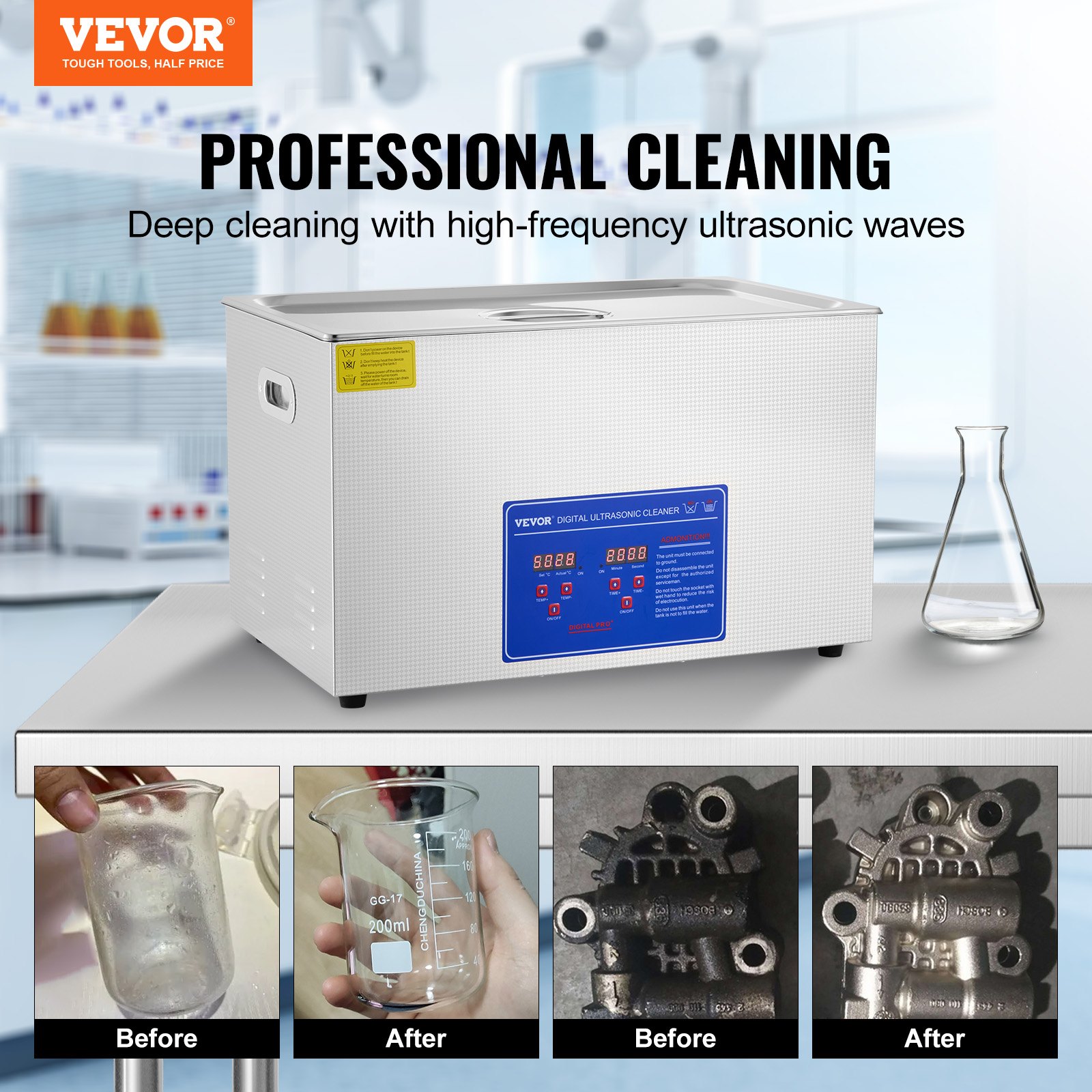 Limpiador ultrasónico VEVOR para limpieza profesional con ondas ultrasónicas de alta frecuencia.