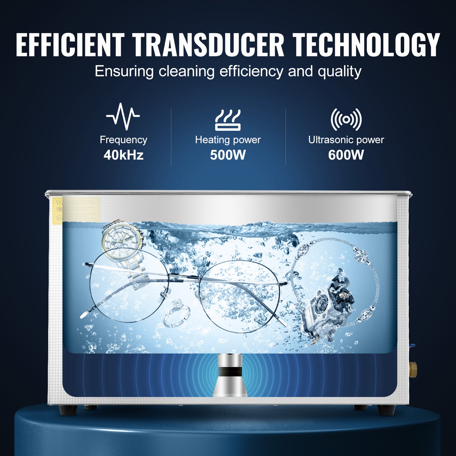 Limpiador ultrasónico VEVOR con tecnología de transductor eficiente para una limpieza de precisión.