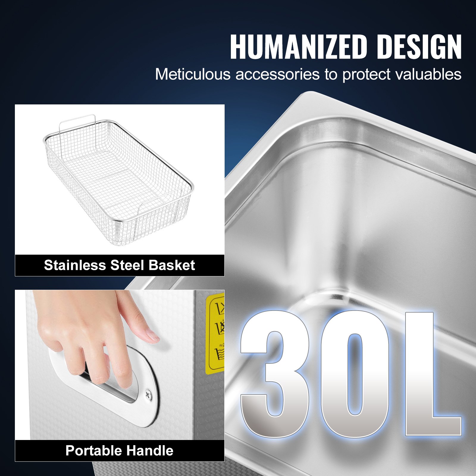 Limpiador ultrasónico VEVOR 30l con cesta de acero inoxidable y asa portátil.
