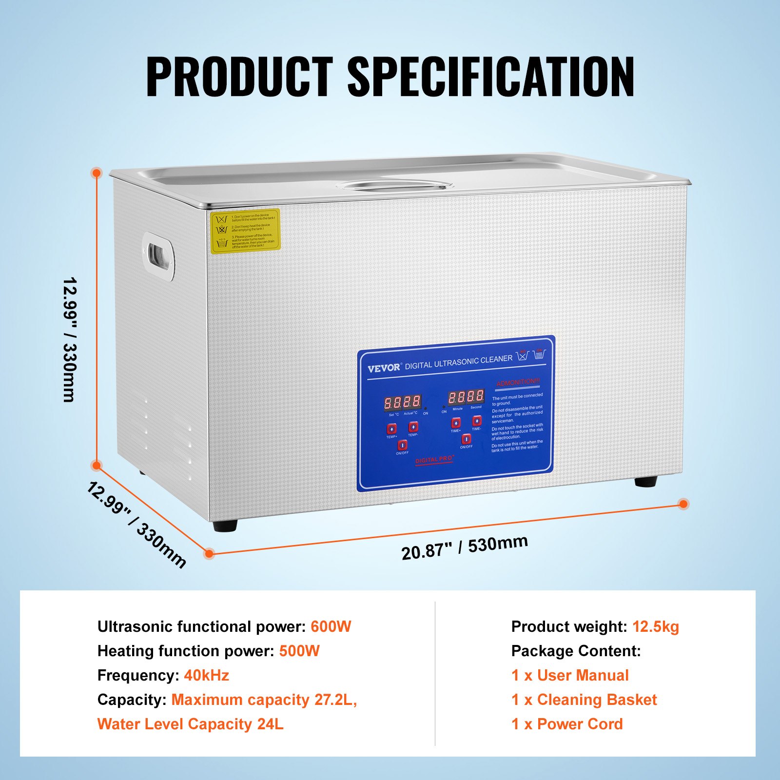 Limpiador ultrasónico VEVOR con panel de control digital, capacidad de 27,2l y detalles del producto.