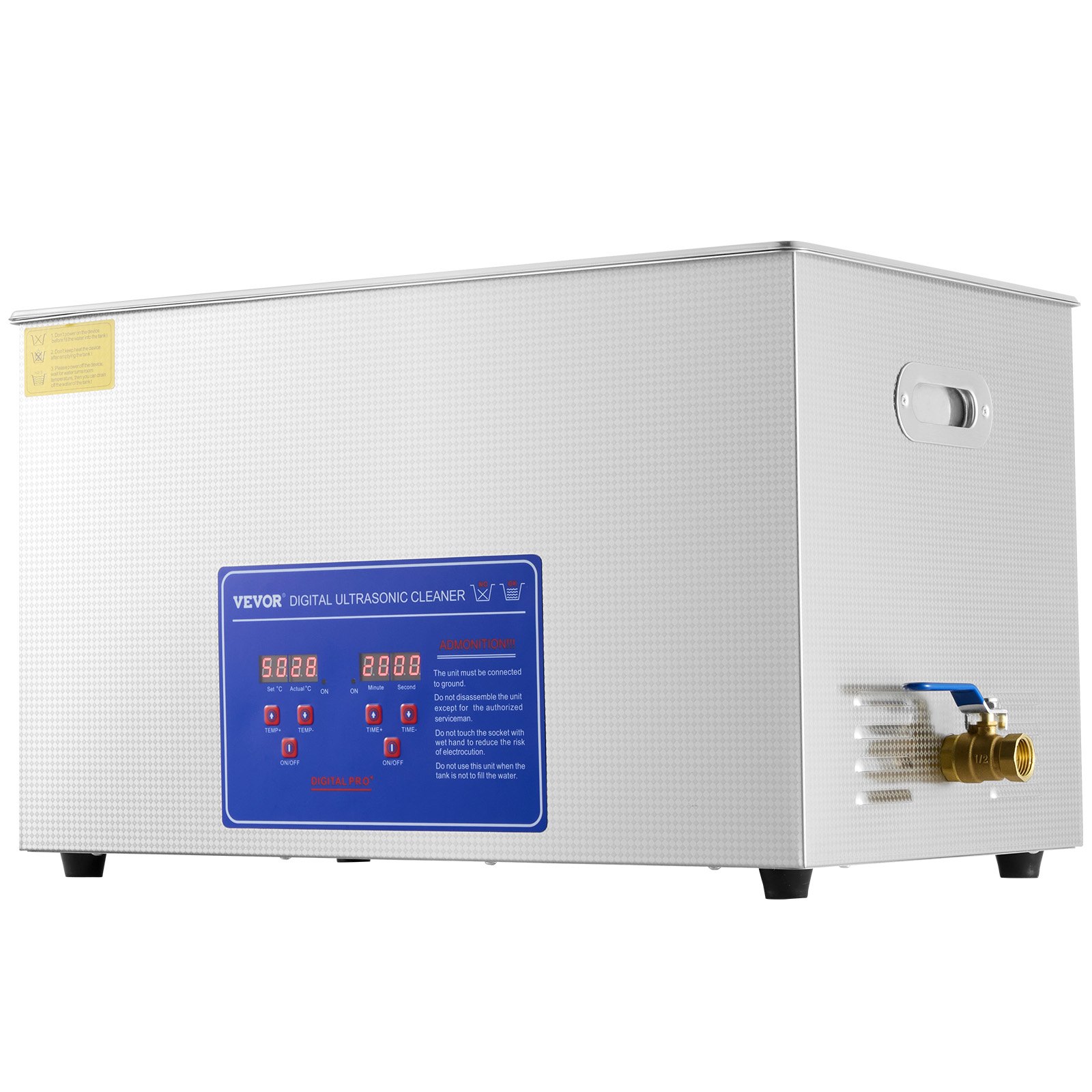 Limpiador ultrasónico VEVOR con panel de control digital y cuerpo de acero inoxidable.