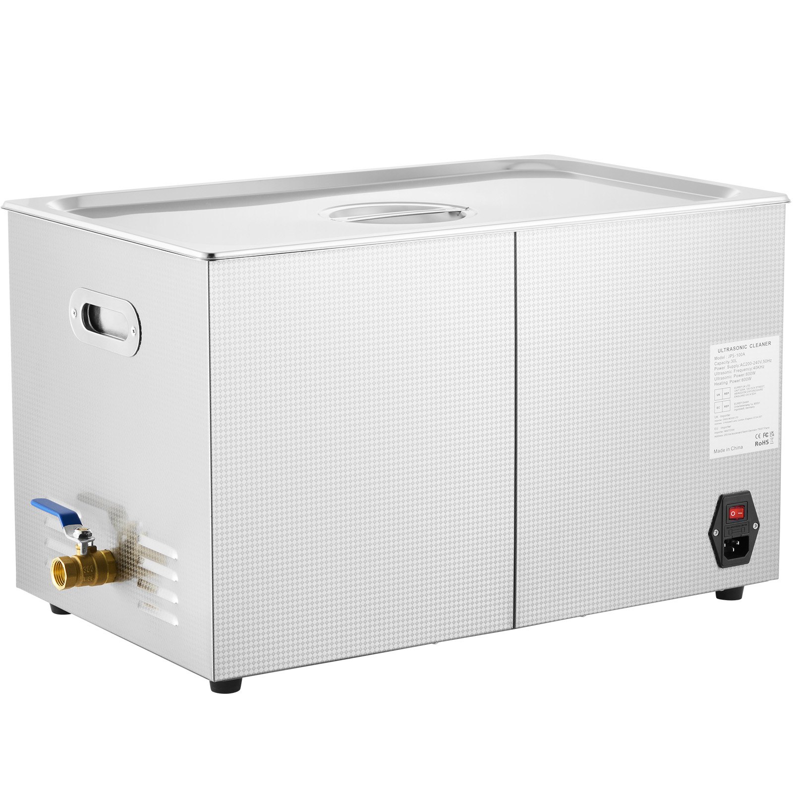 Limpiador ultrasónico VEVOR con válvula lateral, interruptor de encendido, cuerpo plateado y orificios de ventilación.