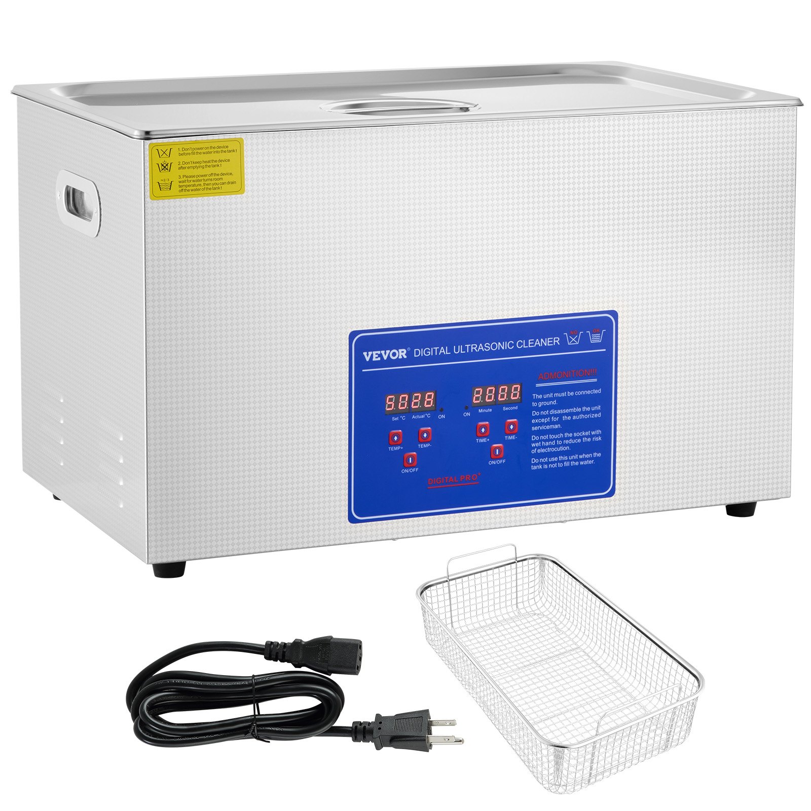 Limpiador ultrasónico VEVOR con panel de control digital, cesta de acero y cable de alimentación.