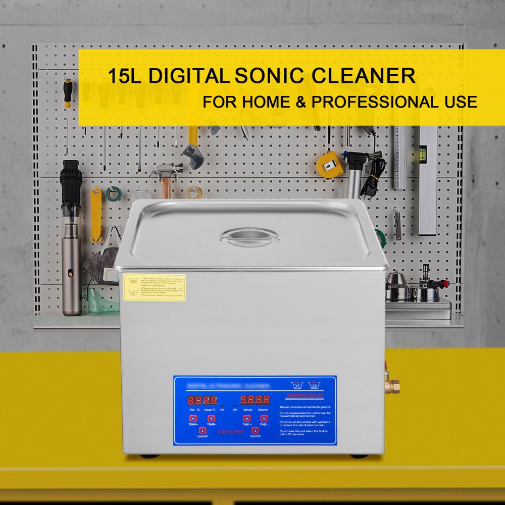 Limpiador ultrasónico VEVOR de 15 l con temporizador digital y calentador. Limpiador ultrasónico profesional de 40 kHz. Limpiador ultrasónico avanzado de 110 V para llaves, destornilladores, herramientas de reparación y limpieza de piezas industriales.