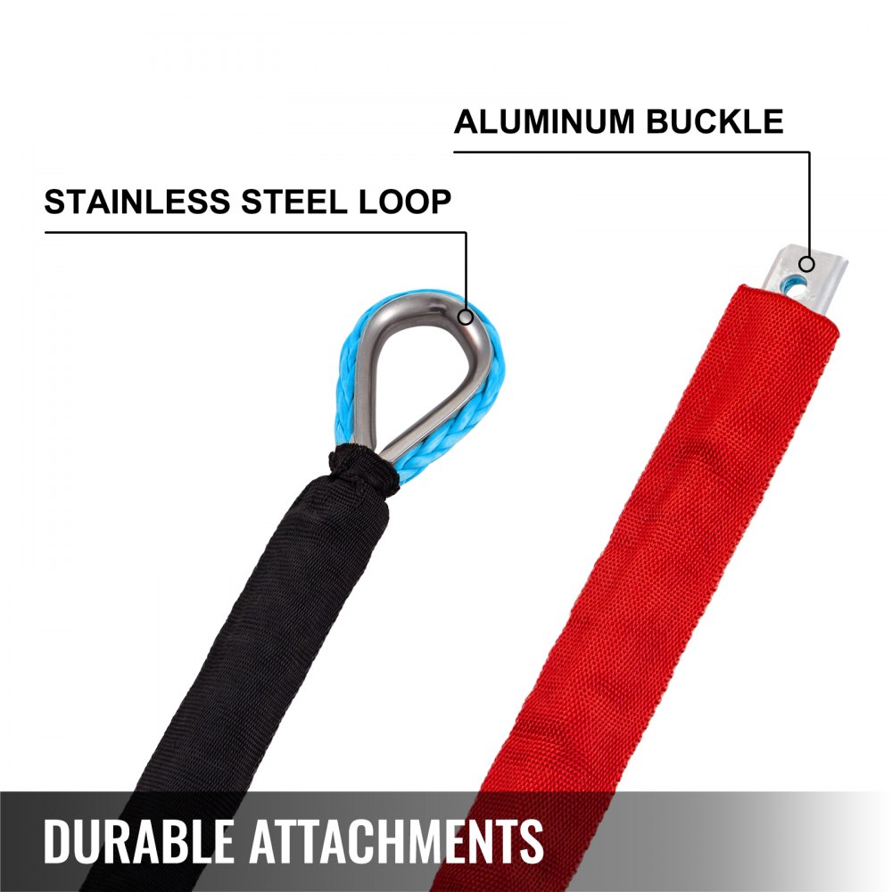 Cuerda de cabrestante sintética VEVOR de 3/8 pulgadas x 100 pies, cable de línea de cabrestante con gancho G70, fuerza de trabajo de 18,740 libras, 12 hebras, cable de cabrestante sintético con funda protectora, para remolque de vehículos, azul