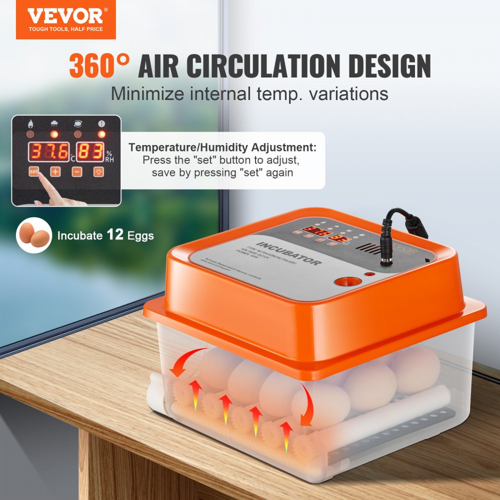Incubadora de huevos VEVOR con diseño de circulación de aire de 360°, controla la temperatura y la humedad, tiene capacidad para 12 huevos.