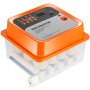 Incubadora de huevos VEVOR con pantalla digital, huevos en el interior y tapa naranja brillante.