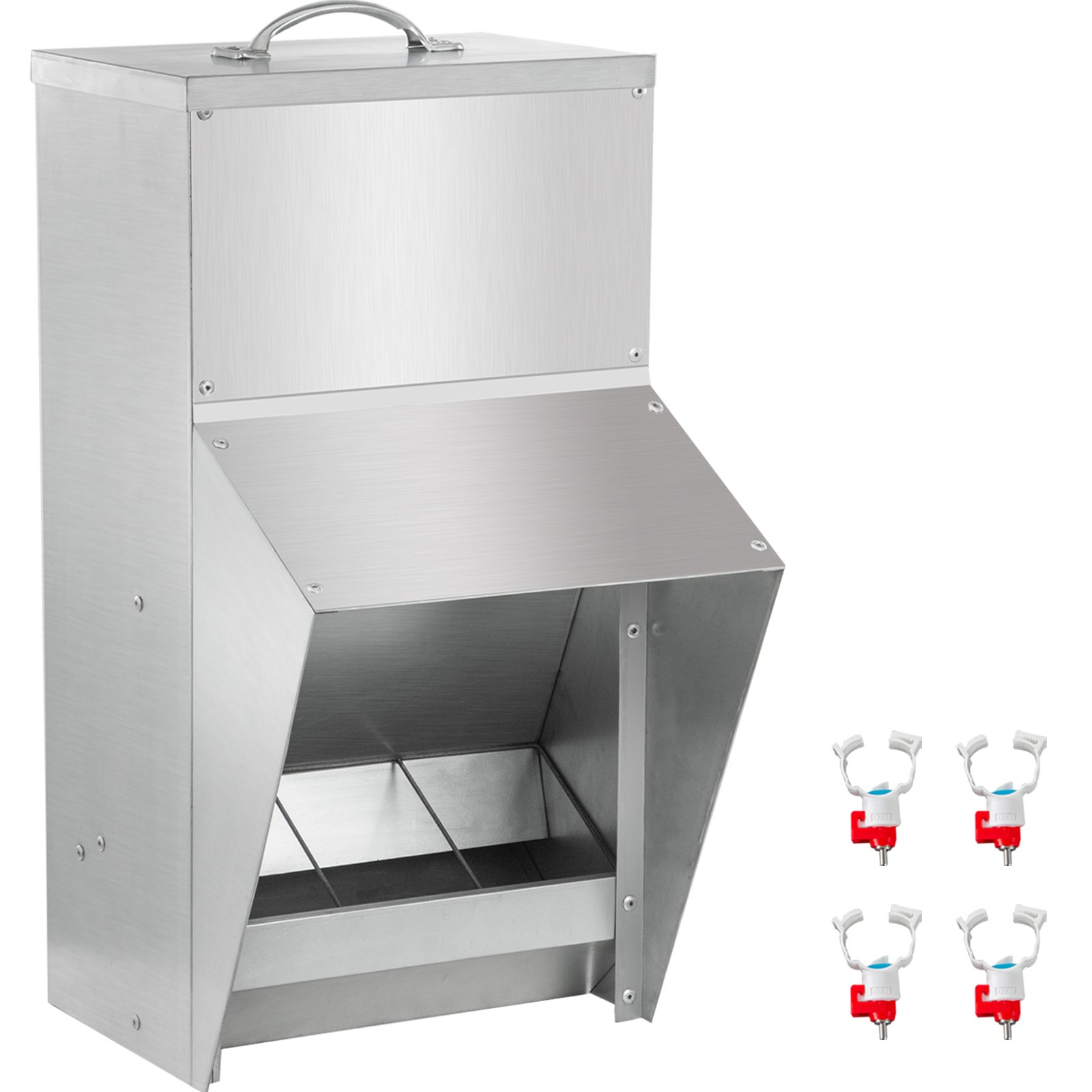 Comedero para aves galvanizado VEVOR con cuatro tetinas de agua rojas y blancas.