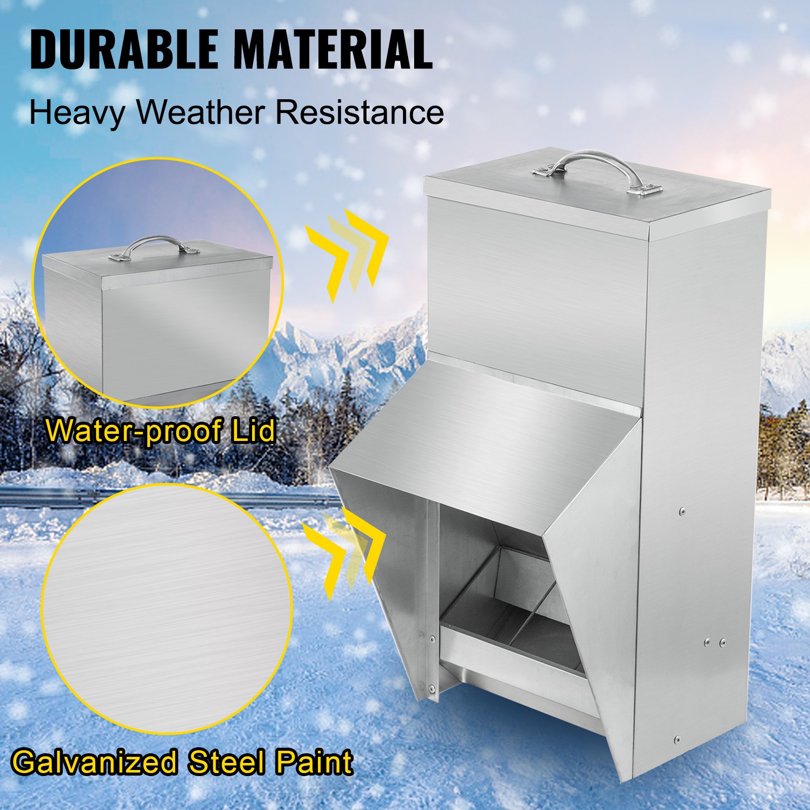 Comedero para aves galvanizado VEVOR con tapa impermeable y pintura de acero galvanizado en invierno.