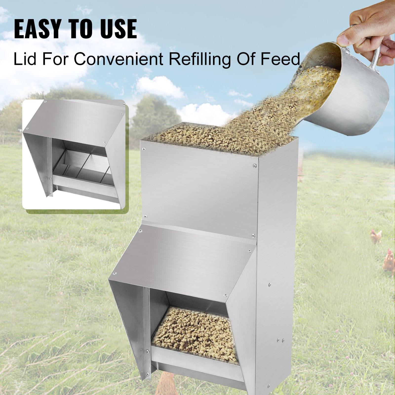 Comedero para aves galvanizado VEVOR con cómoda tapa para rellenar fácilmente el alimento.