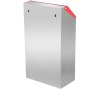 Comedero para aves de corral galvanizado VEVOR con elegante acabado metálico plateado y detalle superior de color rojo.