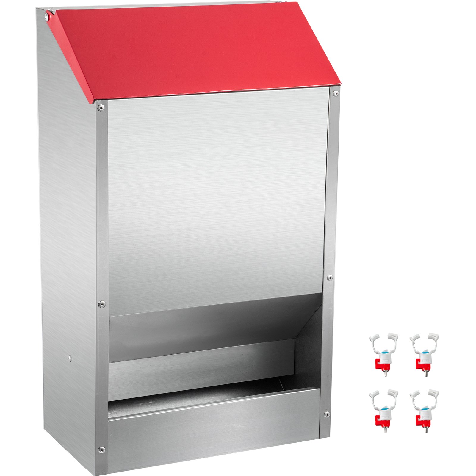 Comedero para aves galvanizado VEVOR con tapa roja y cuatro bebederos de acero.