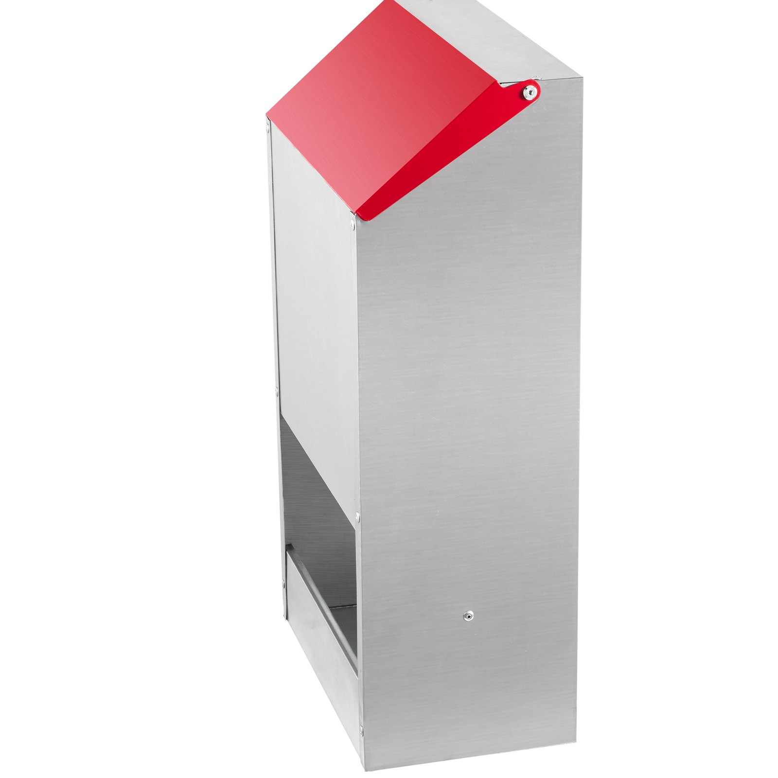 Comedero para aves galvanizado VEVOR con tapa inclinada roja y cuerpo plateado.