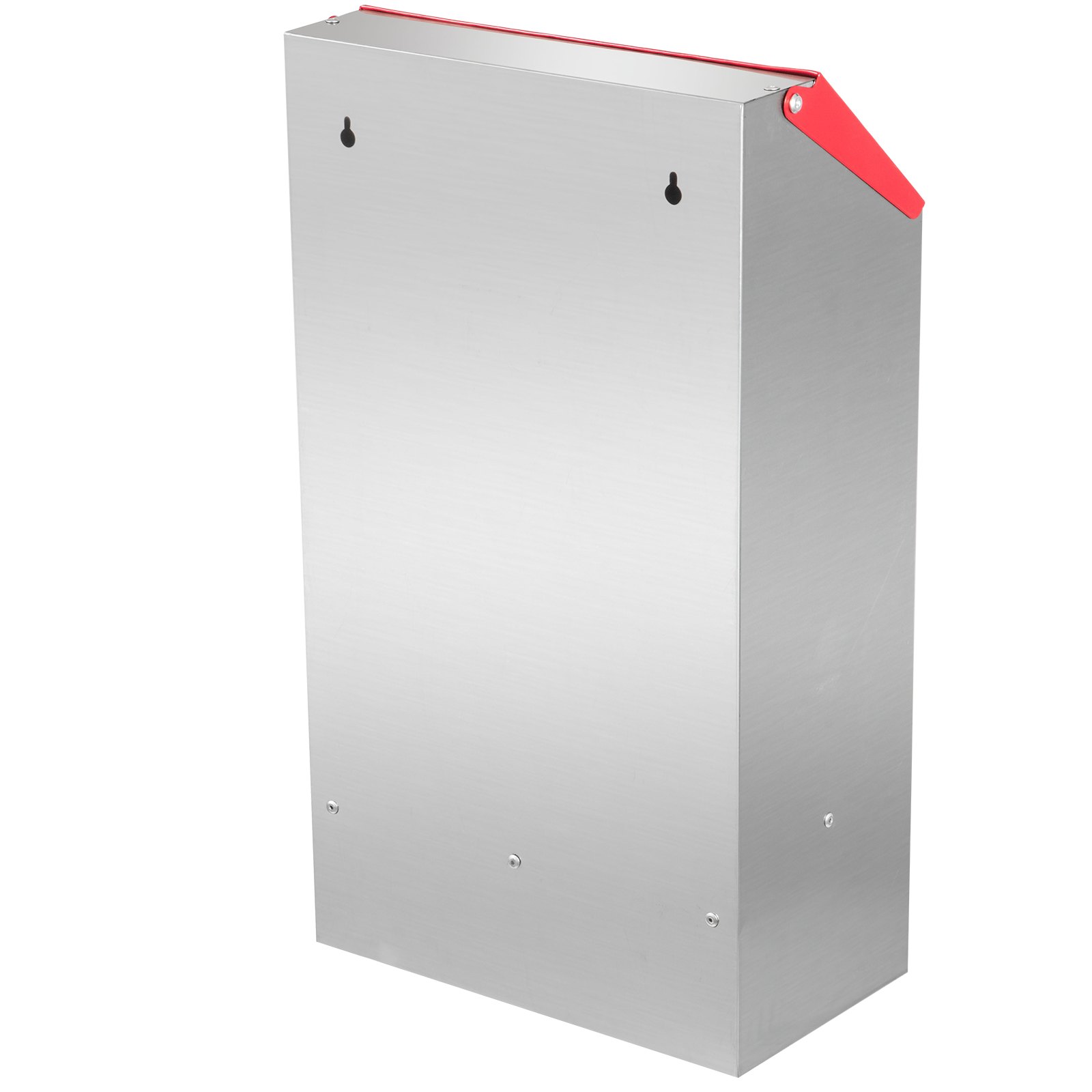 Comedero para aves de corral galvanizado VEVOR con elegante acabado metálico plateado y detalle superior de color rojo.