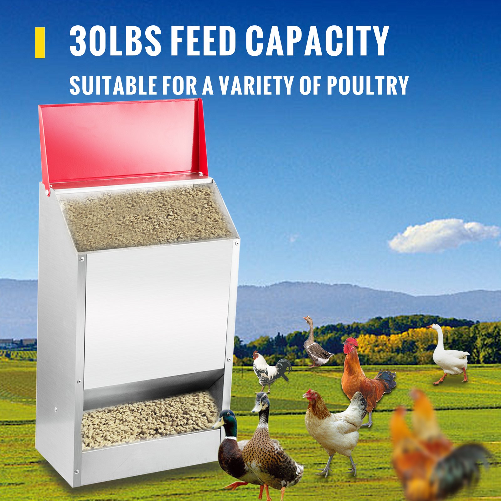 Comedero para aves galvanizado VEVOR con capacidad de alimentación de 30 libras para diversas aves de corral