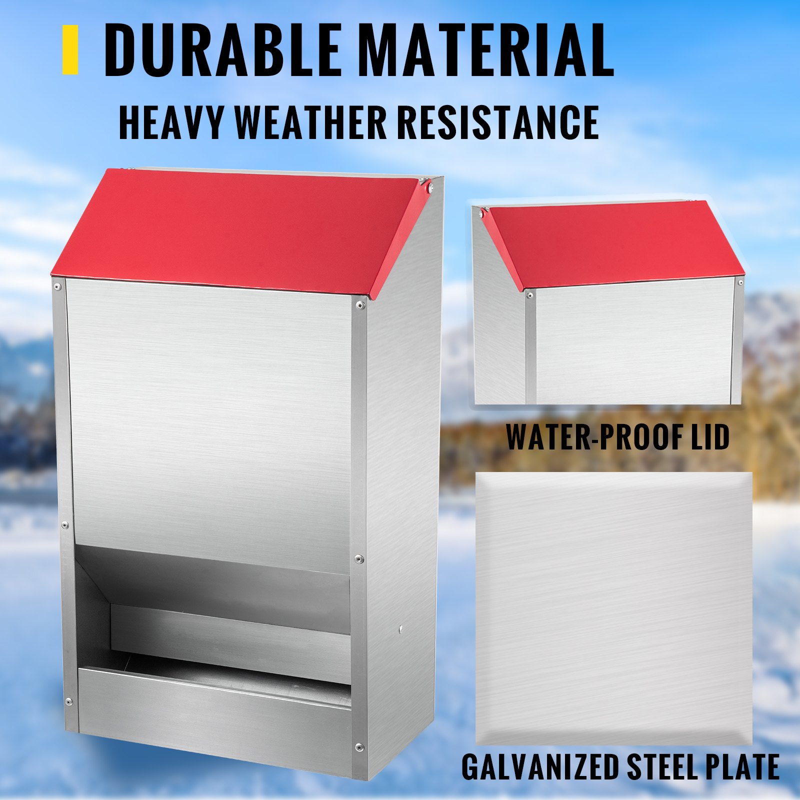 Comedero para aves galvanizado VEVOR con tapa roja impermeable y gran resistencia a la intemperie.