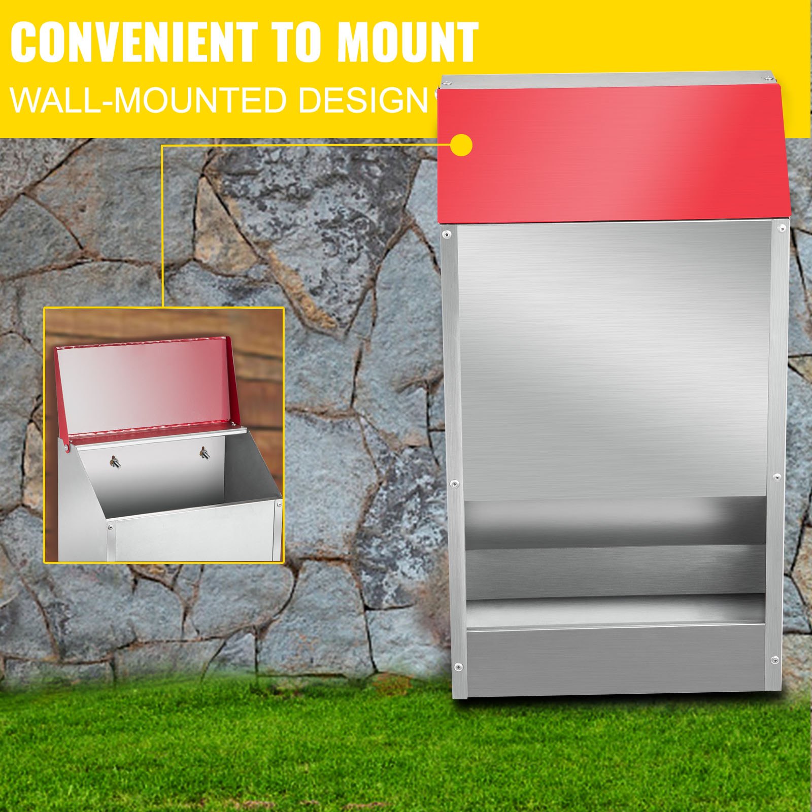 Comedero para aves galvanizado VEVOR con diseño de montaje en pared y tapa roja contra pared de piedra.