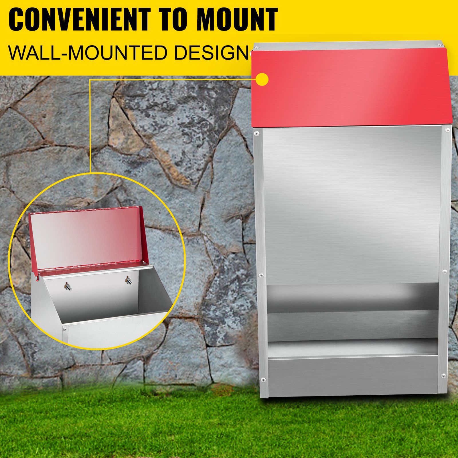 Comedero galvanizado para aves VEVOR con capacidad para 22,7 kg. Sin desperdicios. Alimentador colgante para pollos con tapa. Resistente a la intemperie. Dispensador de comida para gallineros al aire libre. Tapa inclinada.