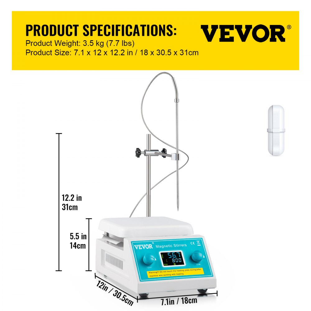 Placa calefactora agitadora magnética VEVOR con especificaciones de dimensiones y peso.