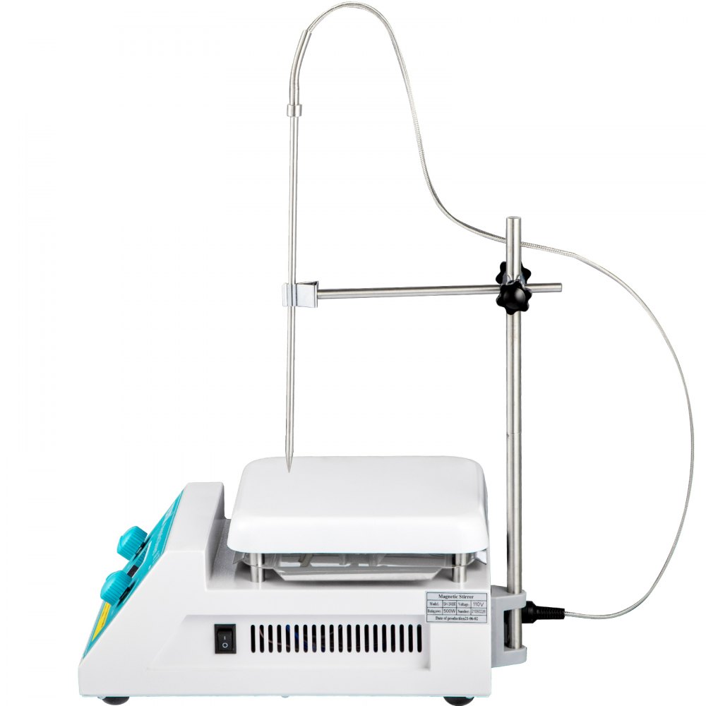 Placa agitadora magnética VEVOR con sonda de temperatura y soporte ajustable.