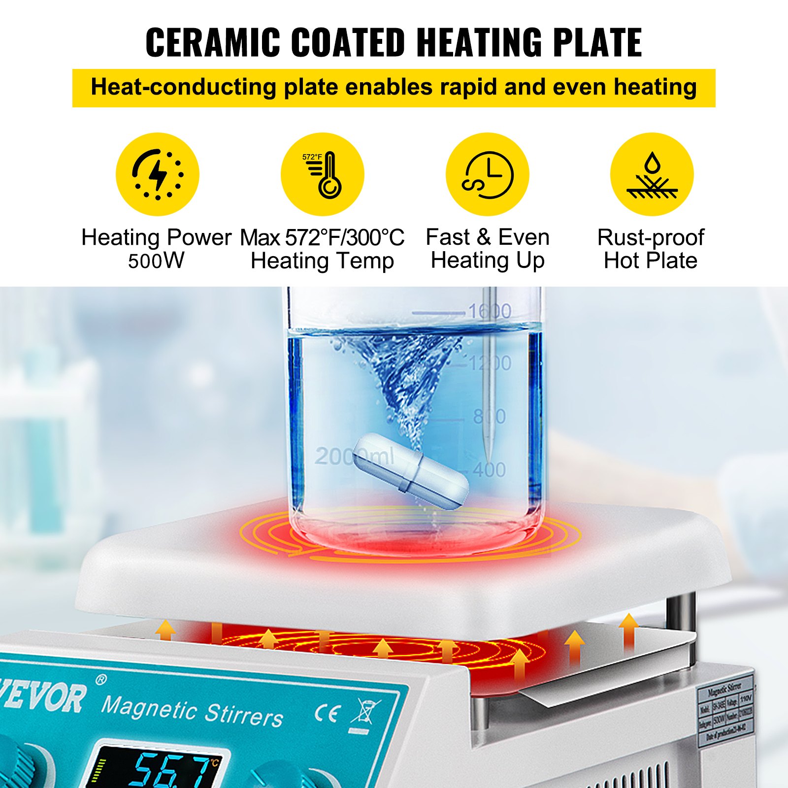 Placa calefactora agitadora magnética VEVOR con revestimiento de cerámica, calentamiento de 572 °F y 500 W de potencia.