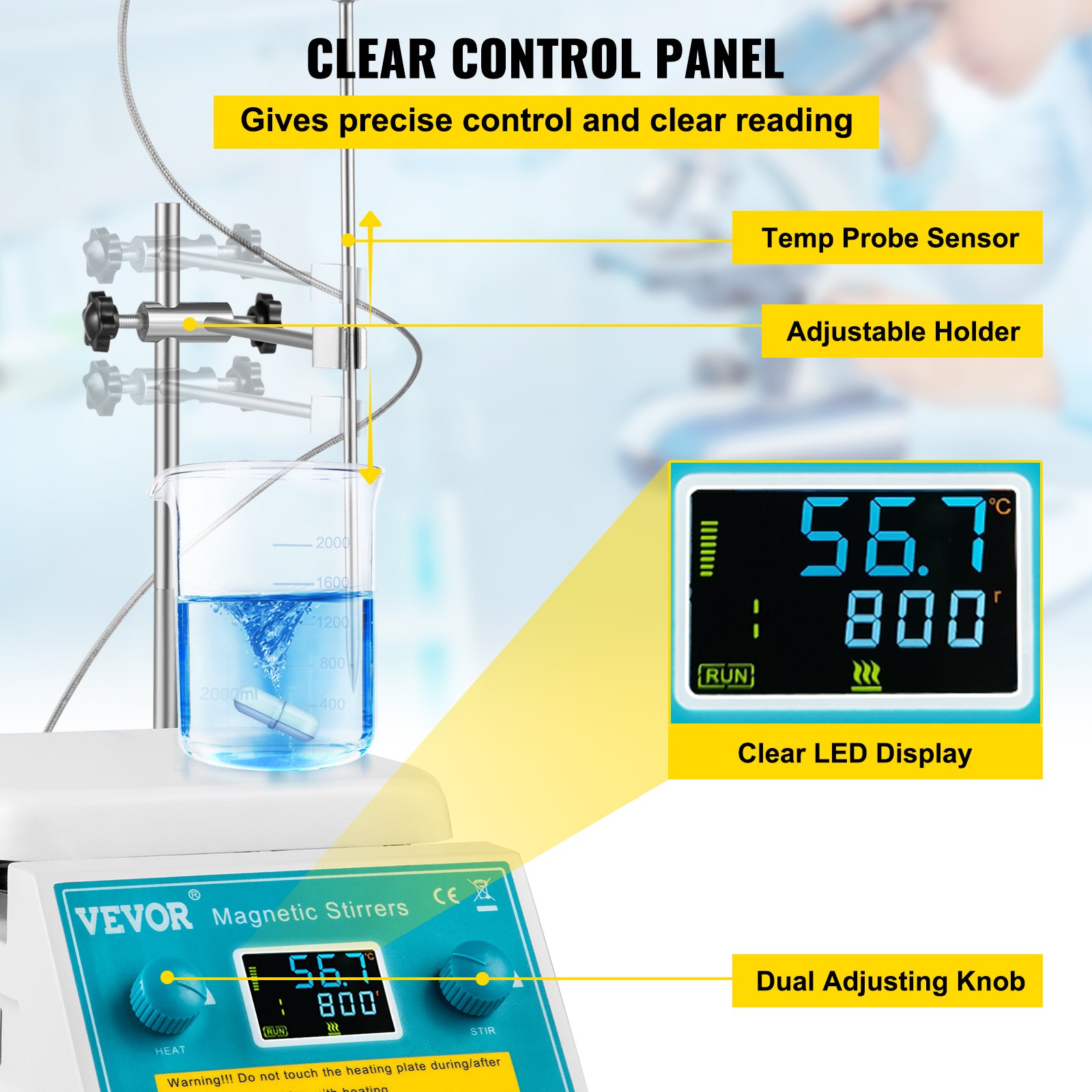 Placa calefactora con agitador magnético VEVOR con pantalla LED transparente y sensor de sonda de temperatura