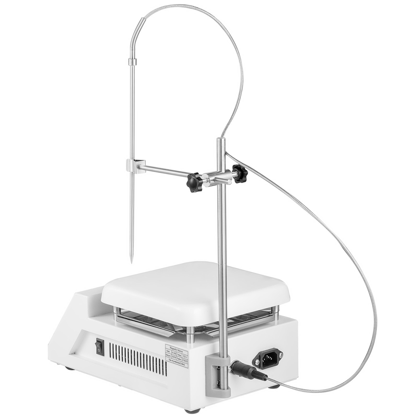 Agitador magnético VEVOR con placa calefactora, soporte y sonda para uso en laboratorio.