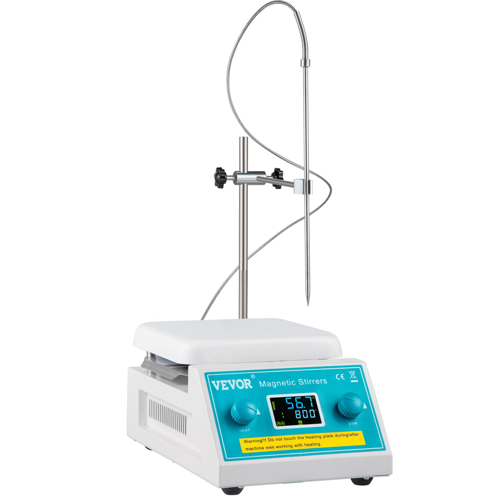 Placa calefactora agitadora magnética VEVOR con pantalla digital, soporte de acero inoxidable y sonda.