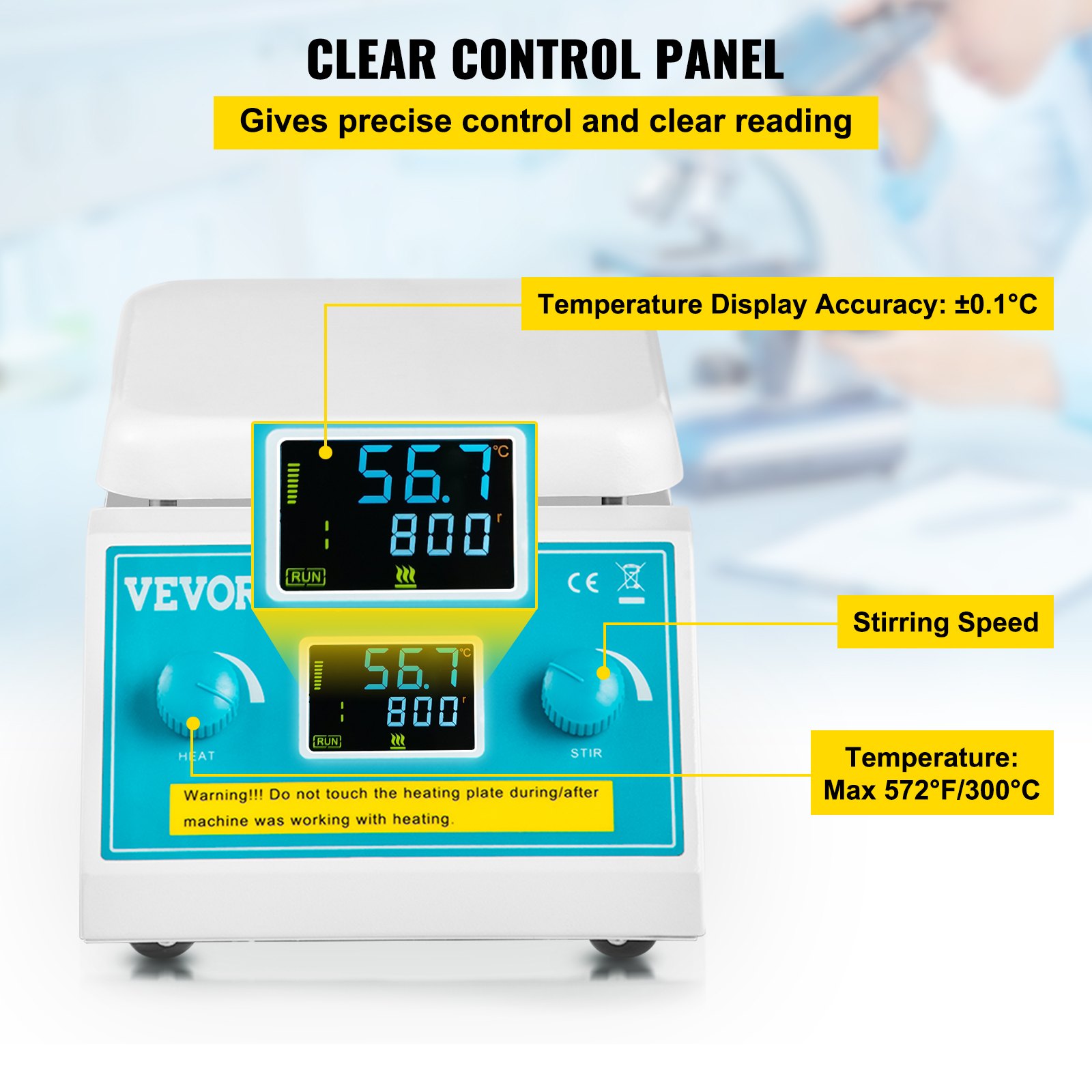 Placa calefactora agitadora magnética VEVOR con panel de control claro y pantalla de temperatura.