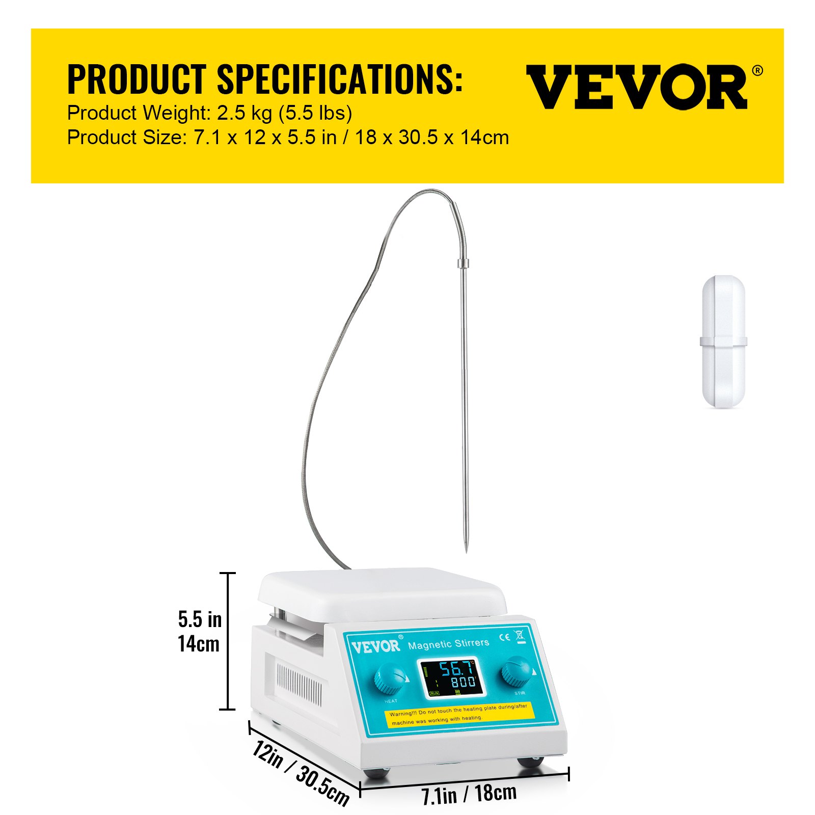 Placa calefactora agitadora magnética VEVOR con especificaciones del producto y pantalla de control.