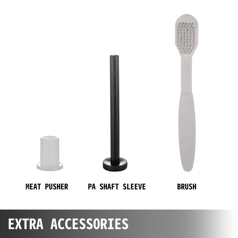Accesorios adicionales para picadora de carne VEVOR: empujador de carne, manguito de eje PA, cepillo.