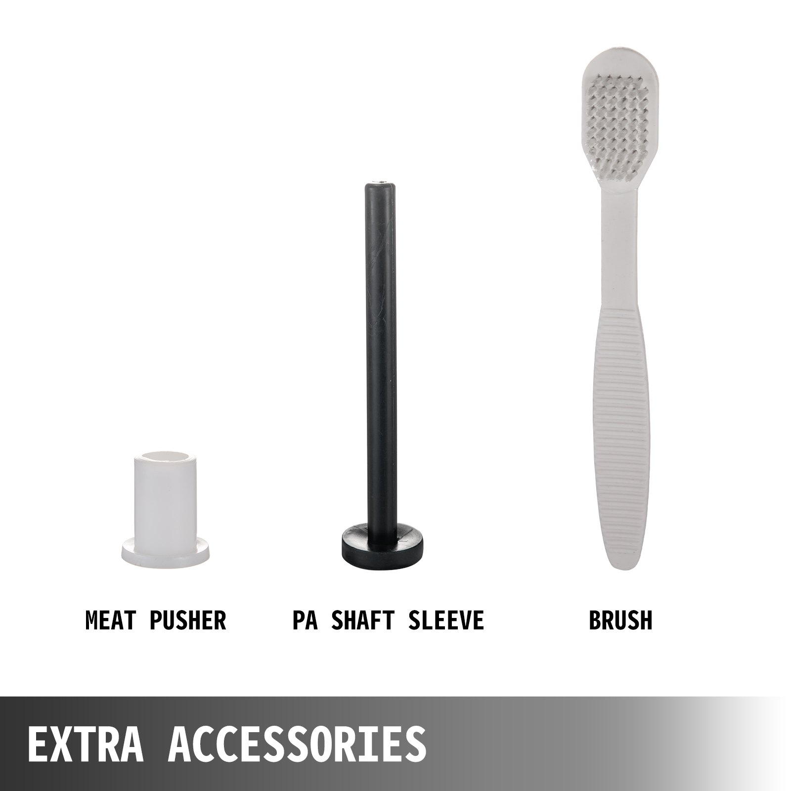 Accesorios adicionales para picadora de carne VEVOR: empujador de carne, manguito de eje PA, cepillo.