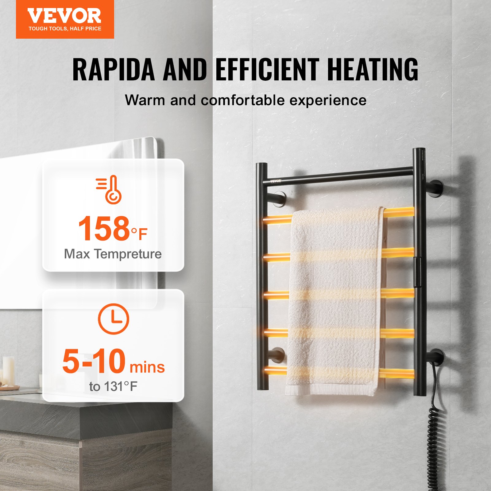 Toallero eléctrico de pared VEVOR con barra calefactora para baño - Nopwer, enchufable, negro mate, 6 barras