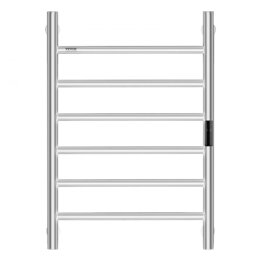 VEVOR - Toallero calefactable de pared para baño, 6 barras, resistente al agua IPX5, con temporizador y pantalla LED, temperatura ajustable en 5 niveles, color plateado